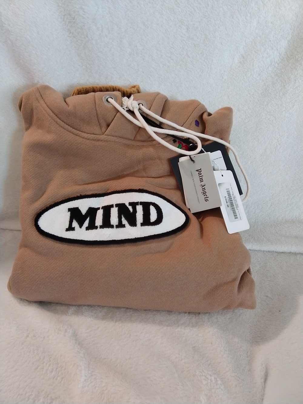 Palm Angels Tan Hoodie with Black and White Patch Logo